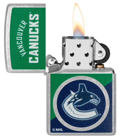 Zippo NHL® Vancouver Canucks® 2024 Street Chrome™ Windproof Lighter with its lid open and unlit.