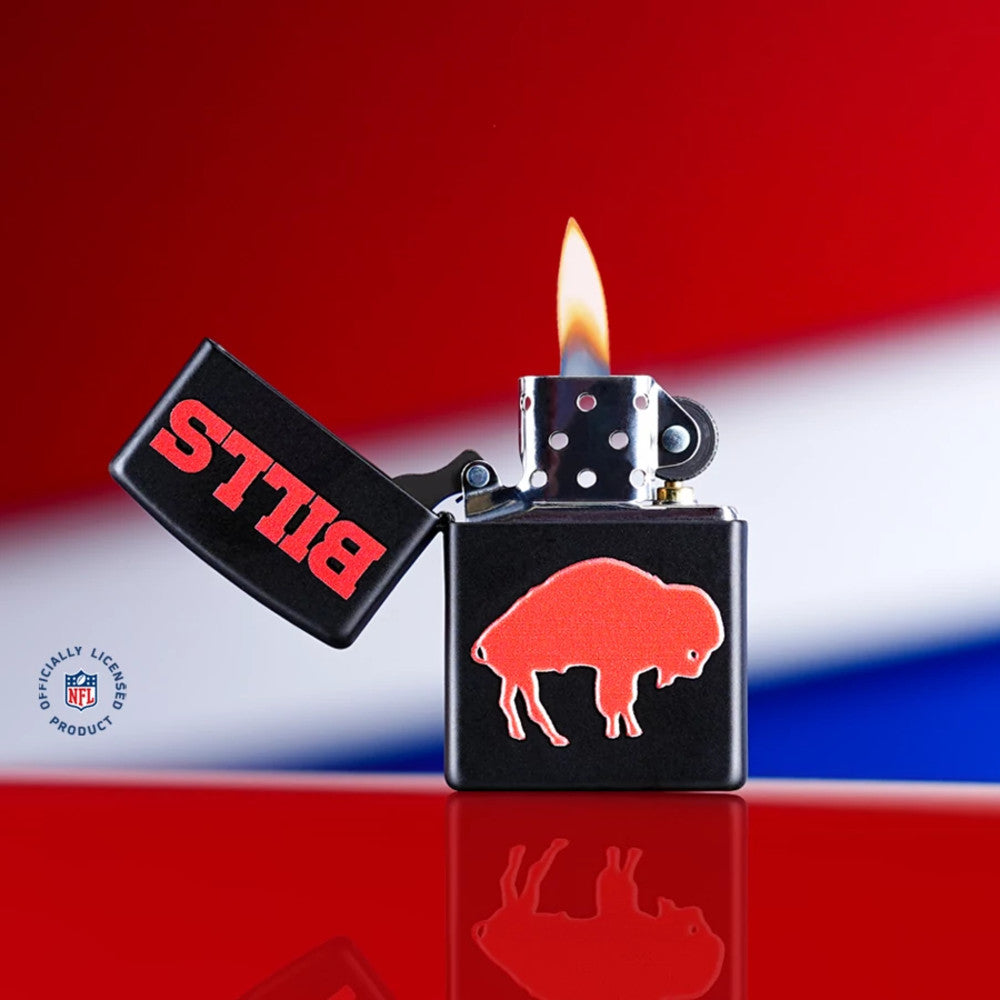 Lifestyle shot of Zippo 2024 NFL Buffalo Bills Exclusive Black Matte Windproof Lighter in a red and blue scene.