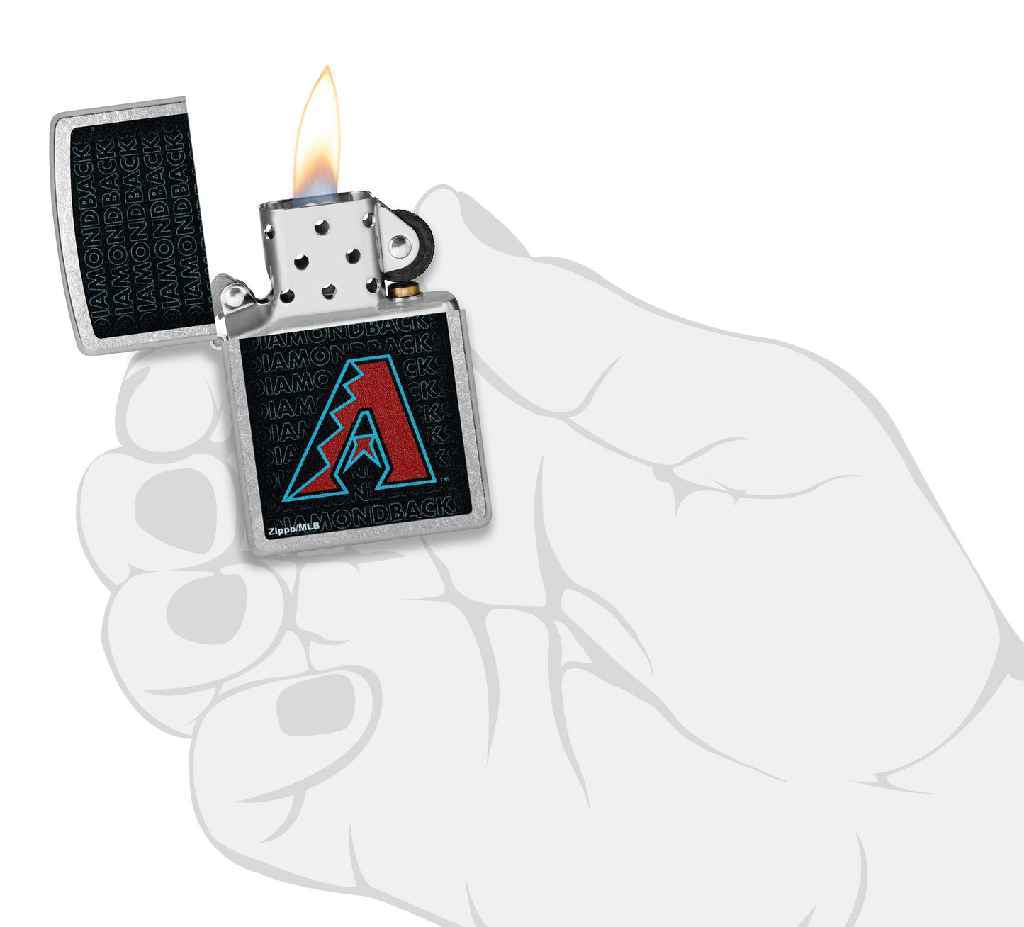 Zippo MLB® Arizona Diamondbacks Street Chrome Windproof Lighter lit in hand.