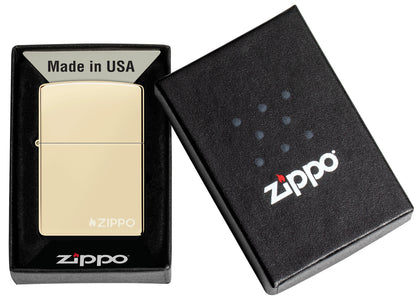 Zippo Classic Champagne Zippo Logo Windproof Lighter in its packaging.