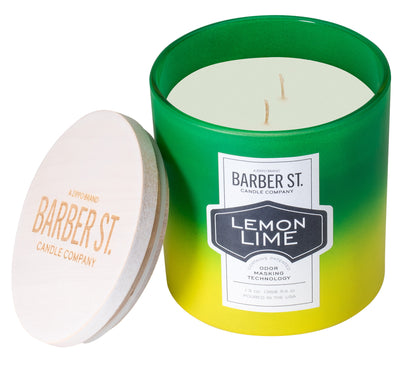 Front shot of Zippo Barber Street Lemon Lime Odor Masking Candle, with its lid off