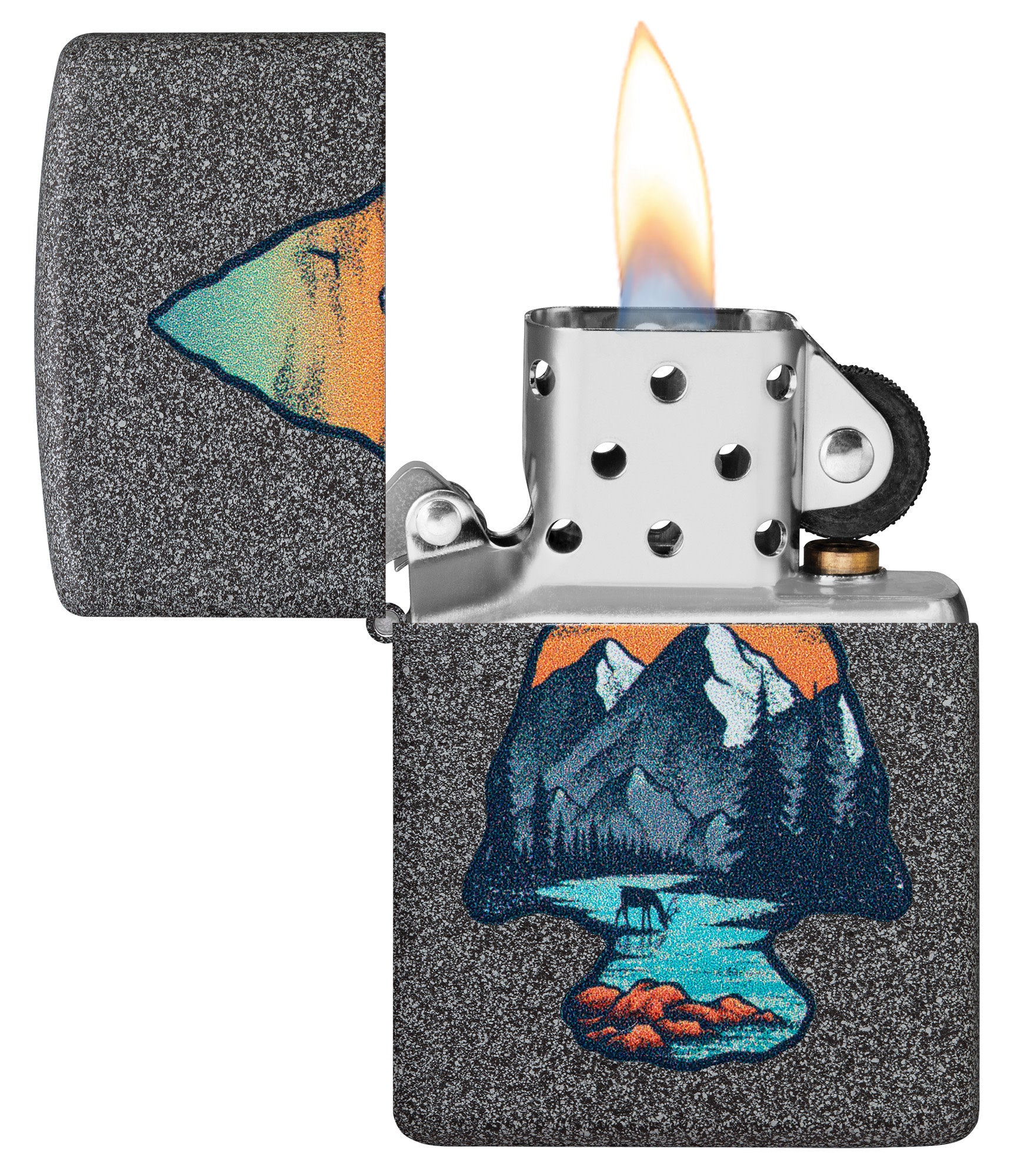 Zippo Mountain Design Iron Stone Windproof Lighter with its lid open and lit.