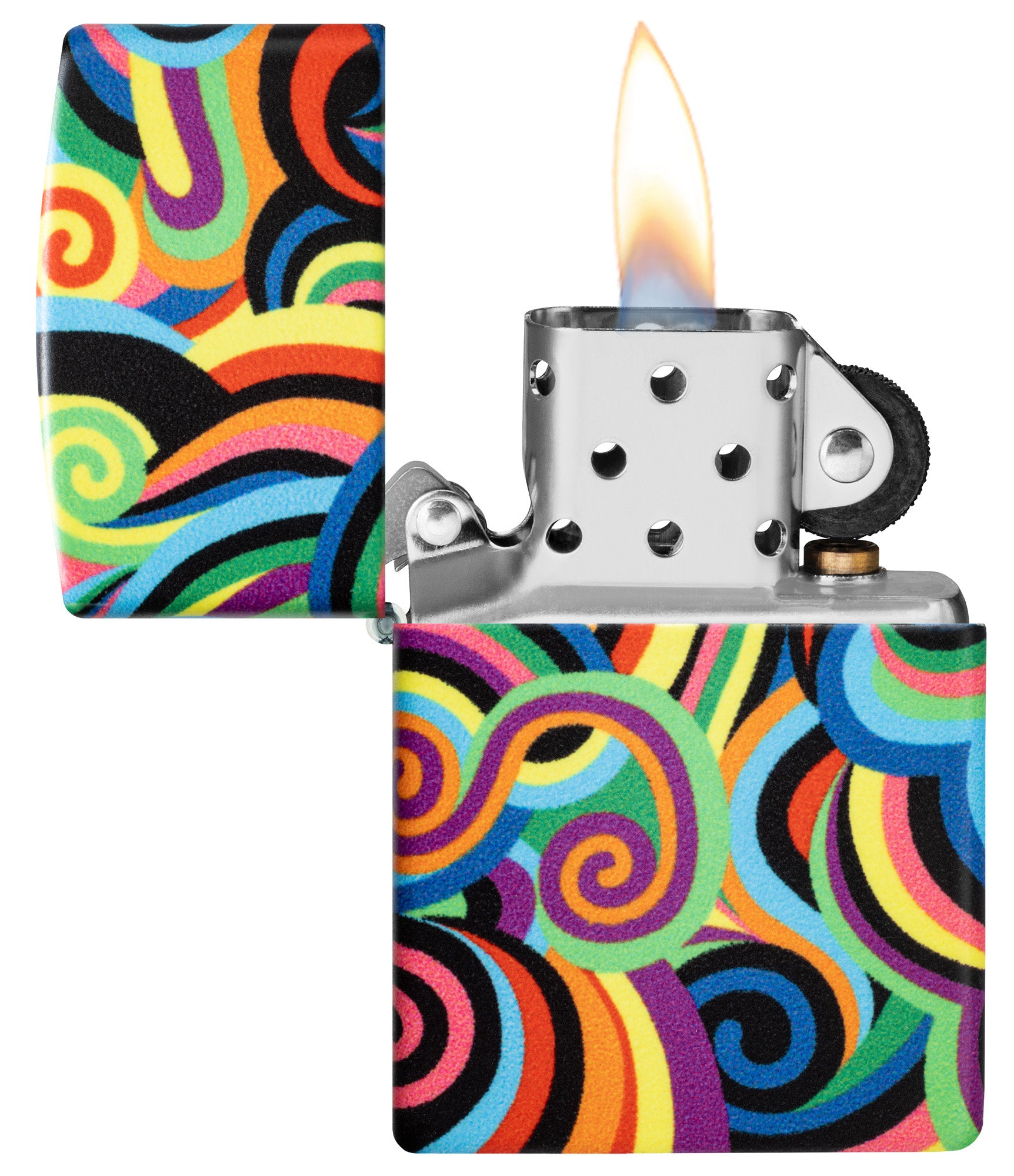 Zippo Rick Rietveld Glowing Swirls Design Glow in the Dark Windproof Lighter with its lid open and lit.