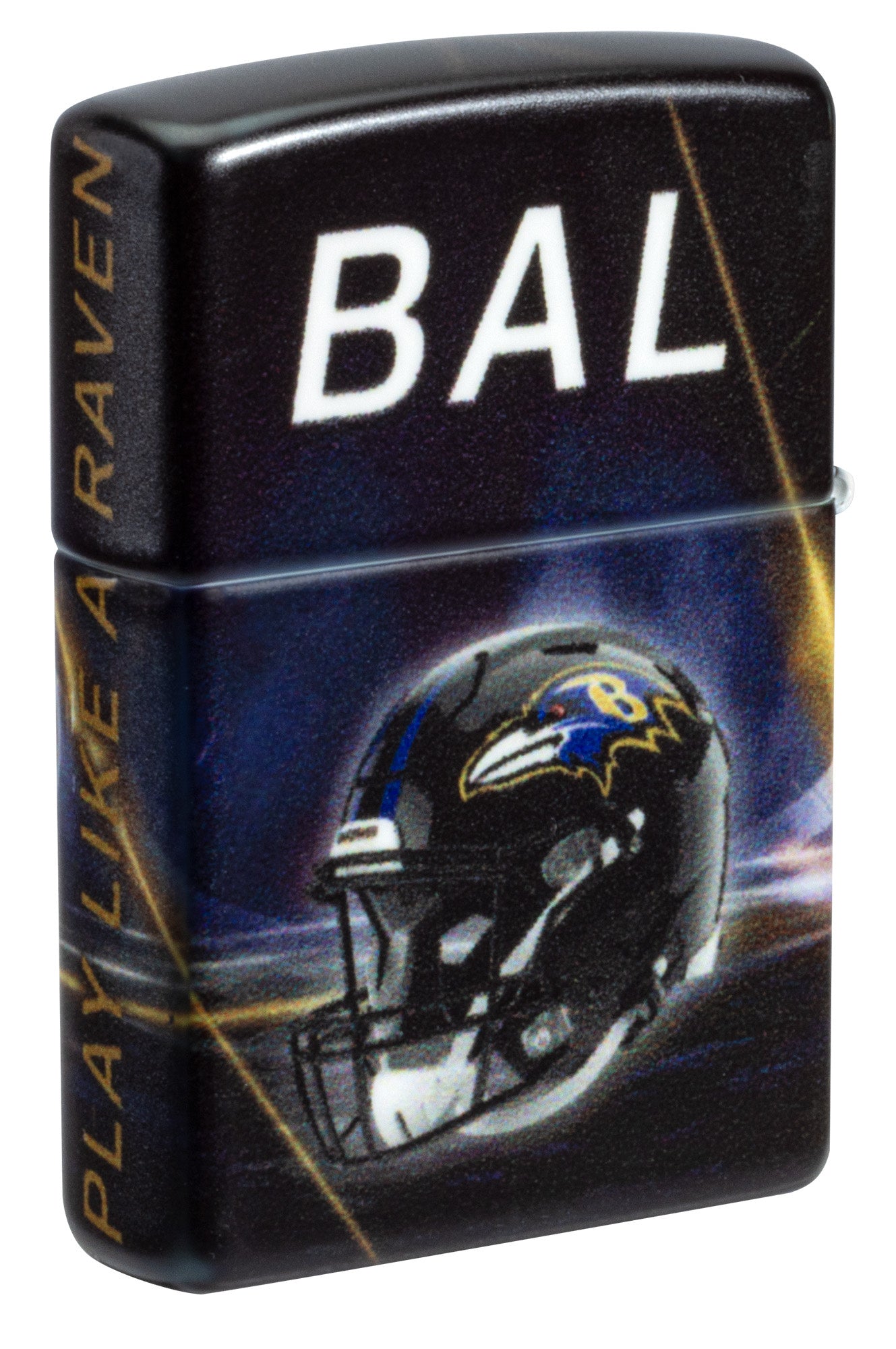 Back shot of Zippo NFL Baltimore Ravens 540 Matte Windproof Lighter standing at a 3/4 angle.