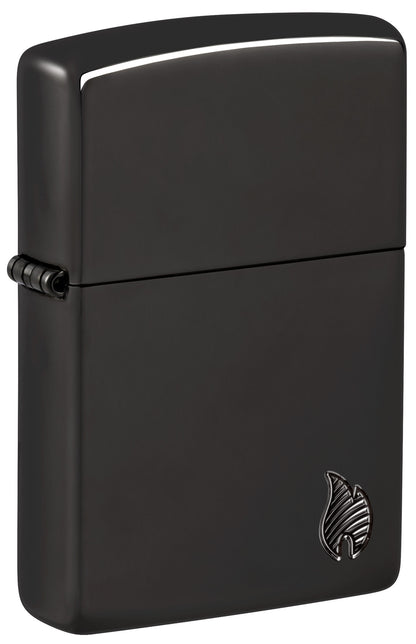 Front shot of Zippo Armor® Series Flame High Polish Black Windproof Lighter standing at a 3/4 angle.