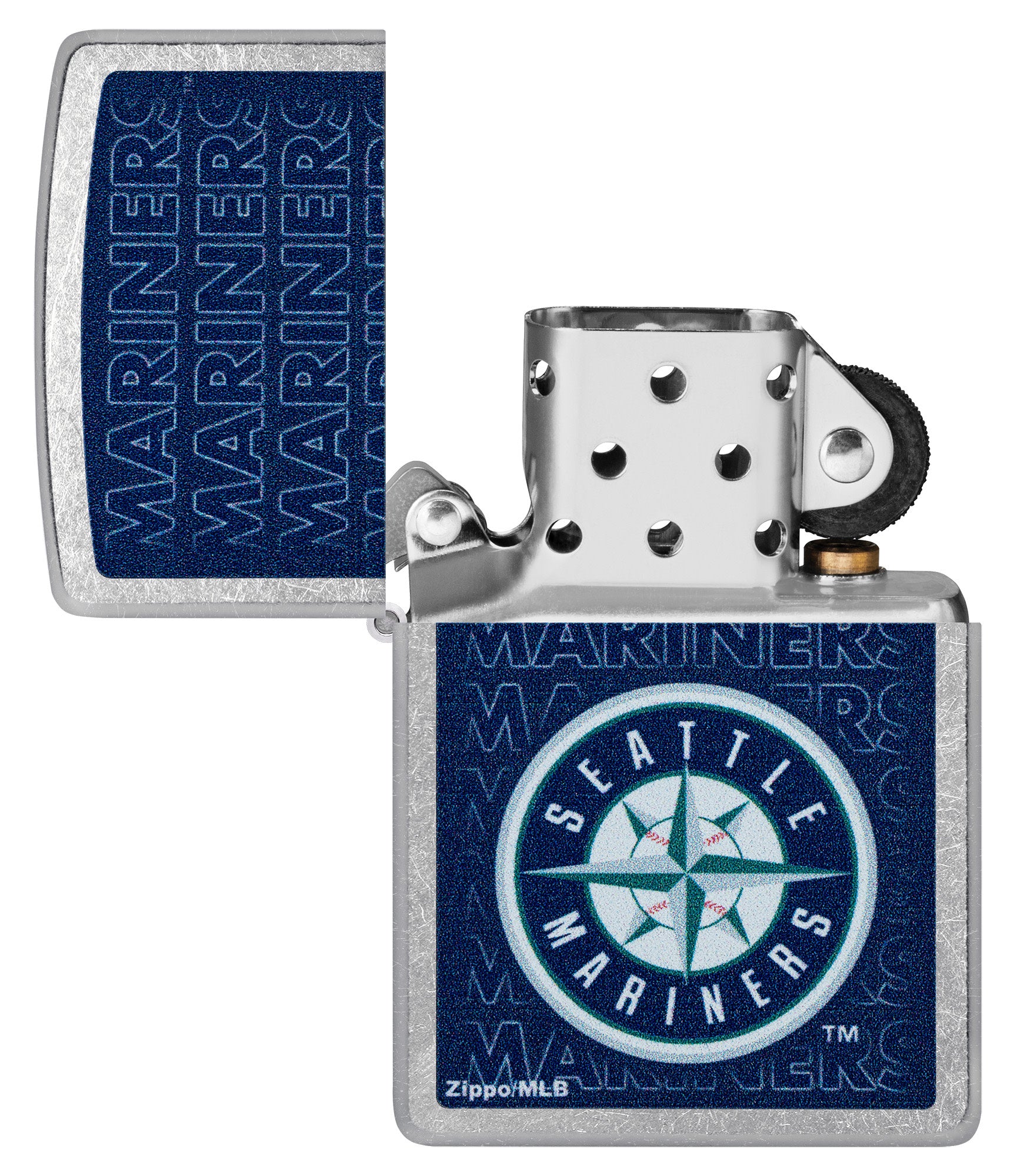 Zippo MLB® Seattle Mariners Street Chrome Windproof Lighter with its lid open and unlit.