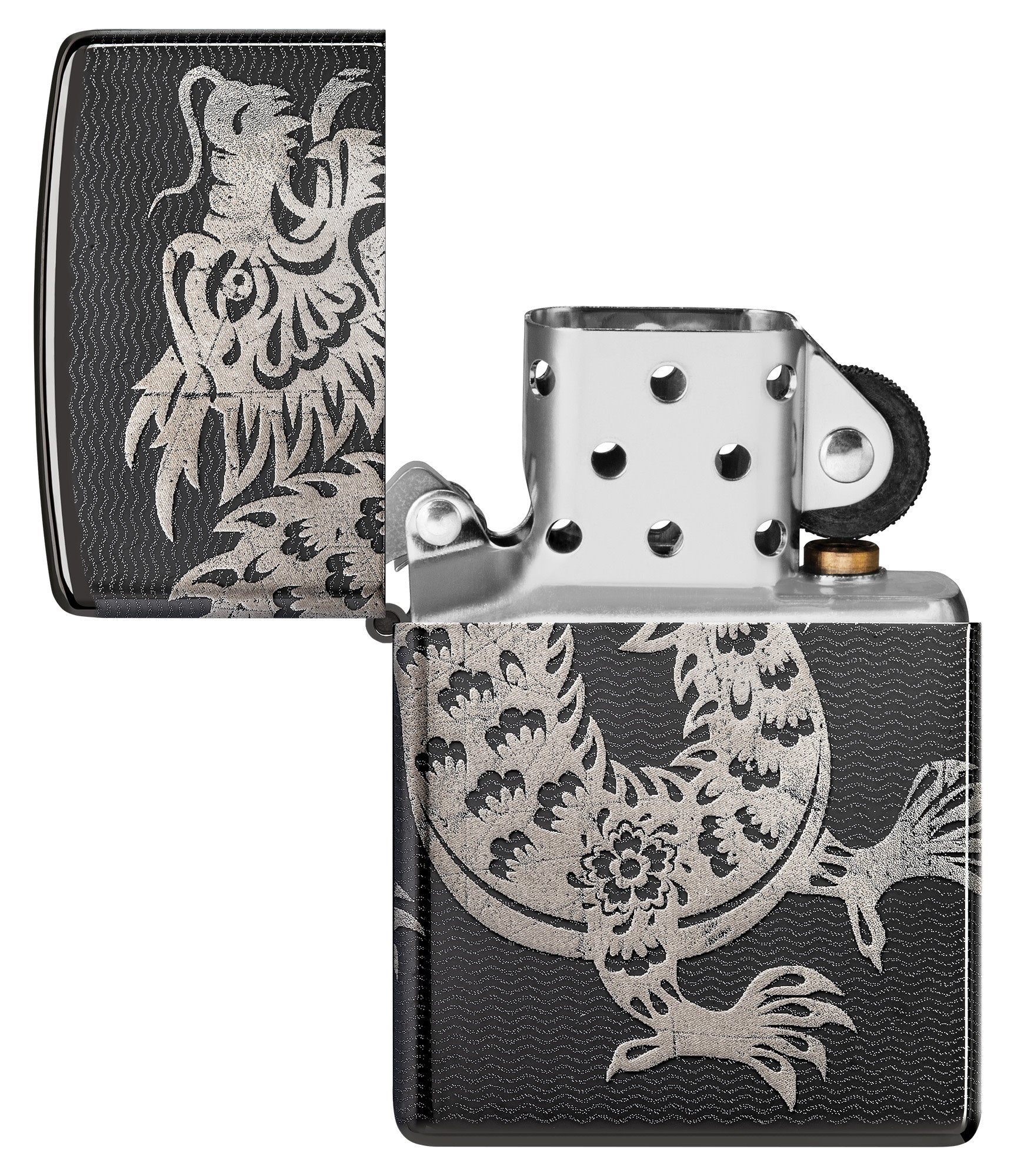 Zippo Lucky Dragon Design High Polish Black Windproof Lighter with its lid open and unlit.