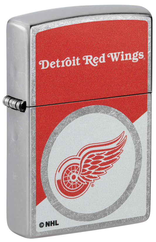 Front shot of Zippo NHL® Detroit Red Wings® 2024 Street Chrome™ Windproof Lighter standing at a 3/4 angle.