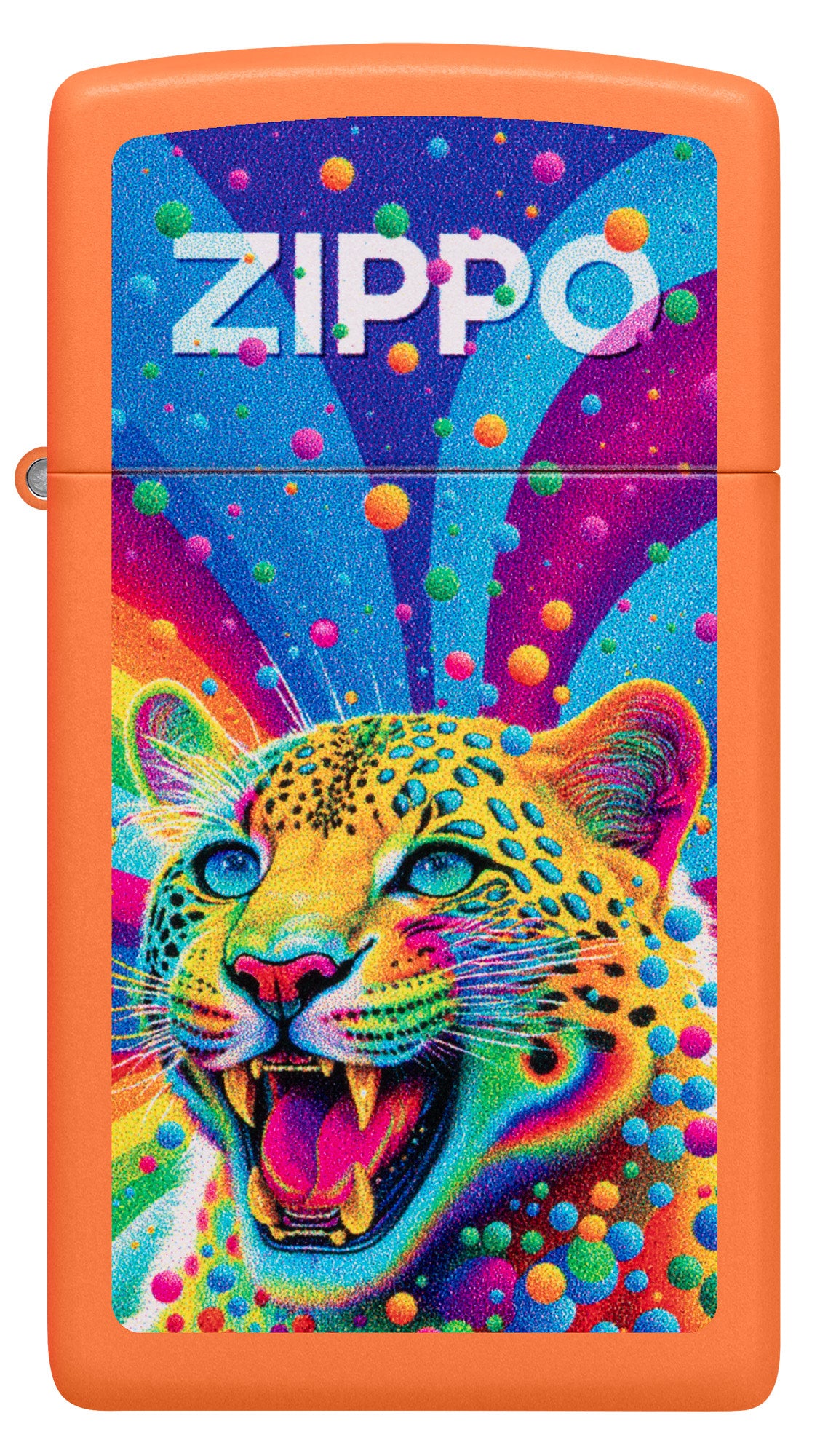 Front view of Zippo Leopard Design Slim Orange Matte Windproof Lighter.