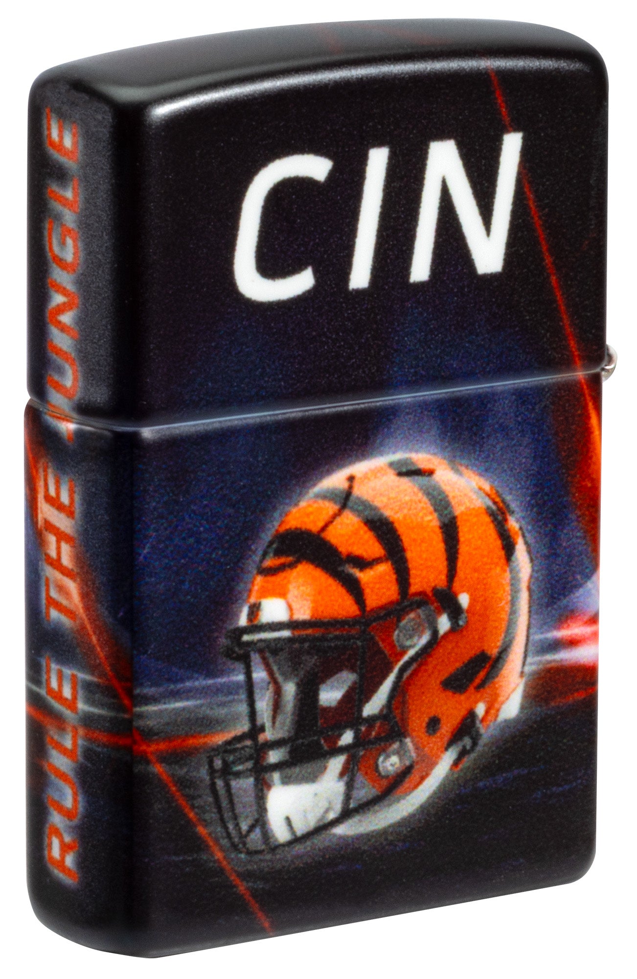 Back shot of Zippo NFL Cincinnati Bengals 540 Matte Windproof Lighter standing at a 3/4 angle.