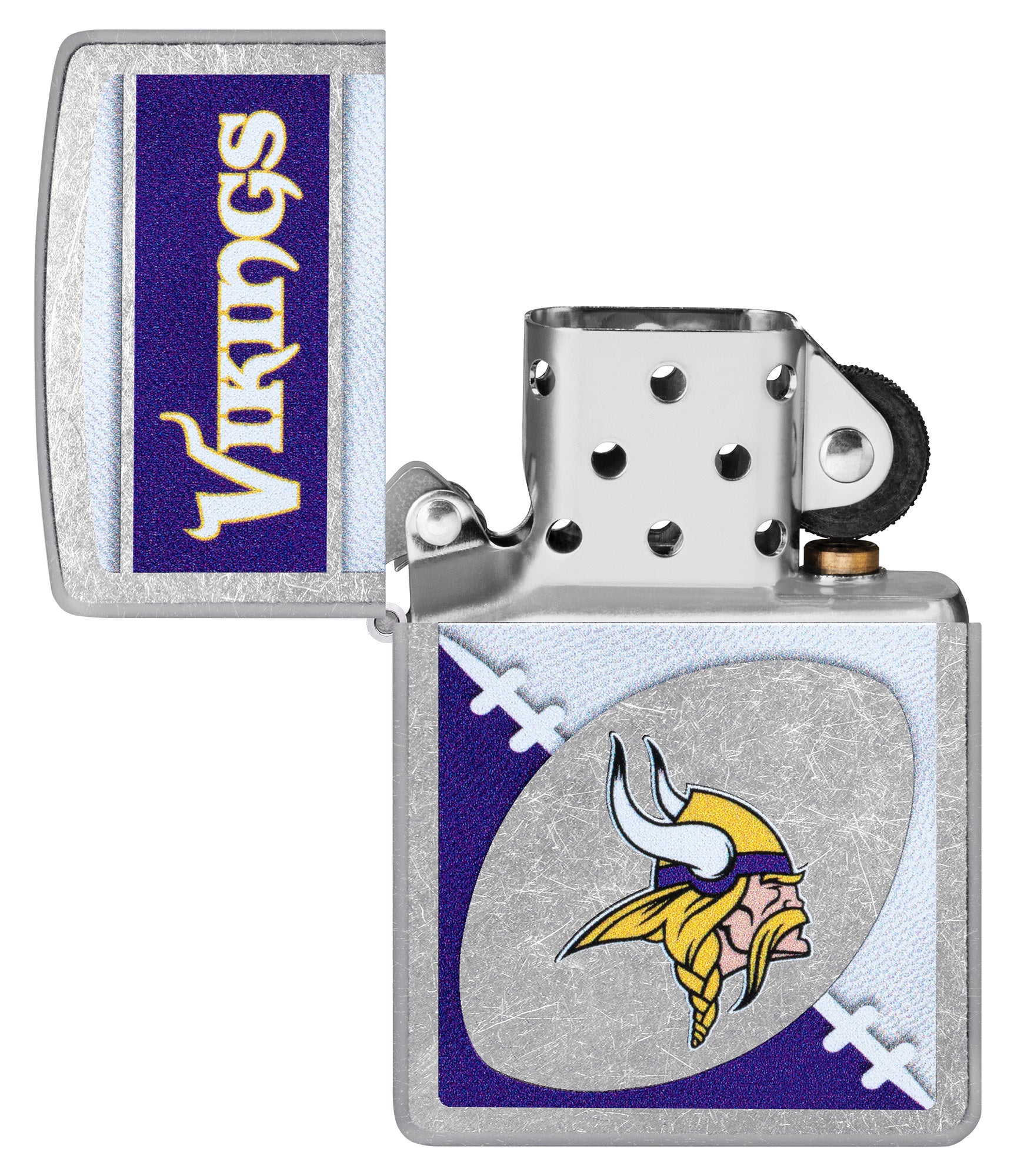 Zippo NFL Minnesota Vikings Street Chrome Windproof Lighter with its lid open and unlit.