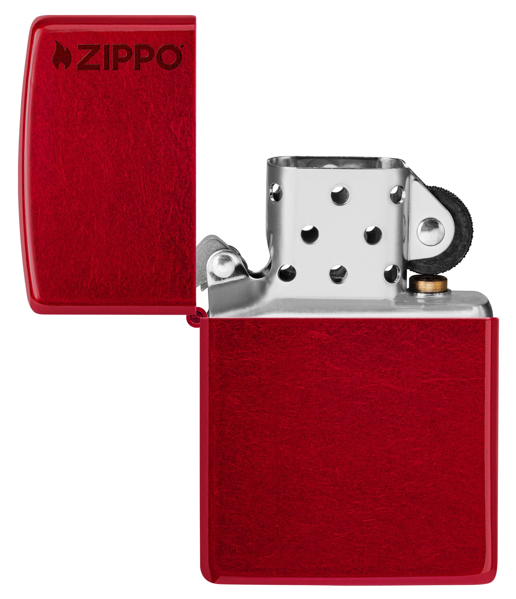 Zippo Classic Candy Apple Zippo Logo Windproof Lighter with its lid open and unlit.