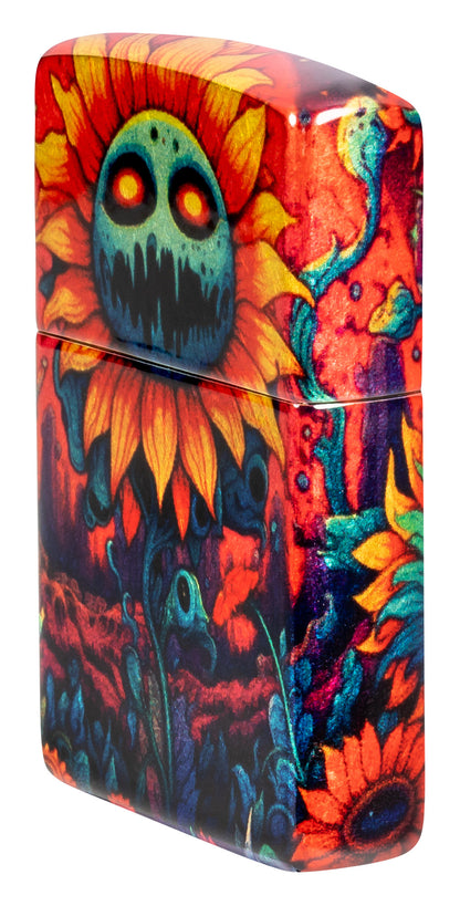 Angled shot of Zippo Spooky Sunflower Design 540 Tumbled Brass Windproof Lighter showing the front and right side of the lighter.