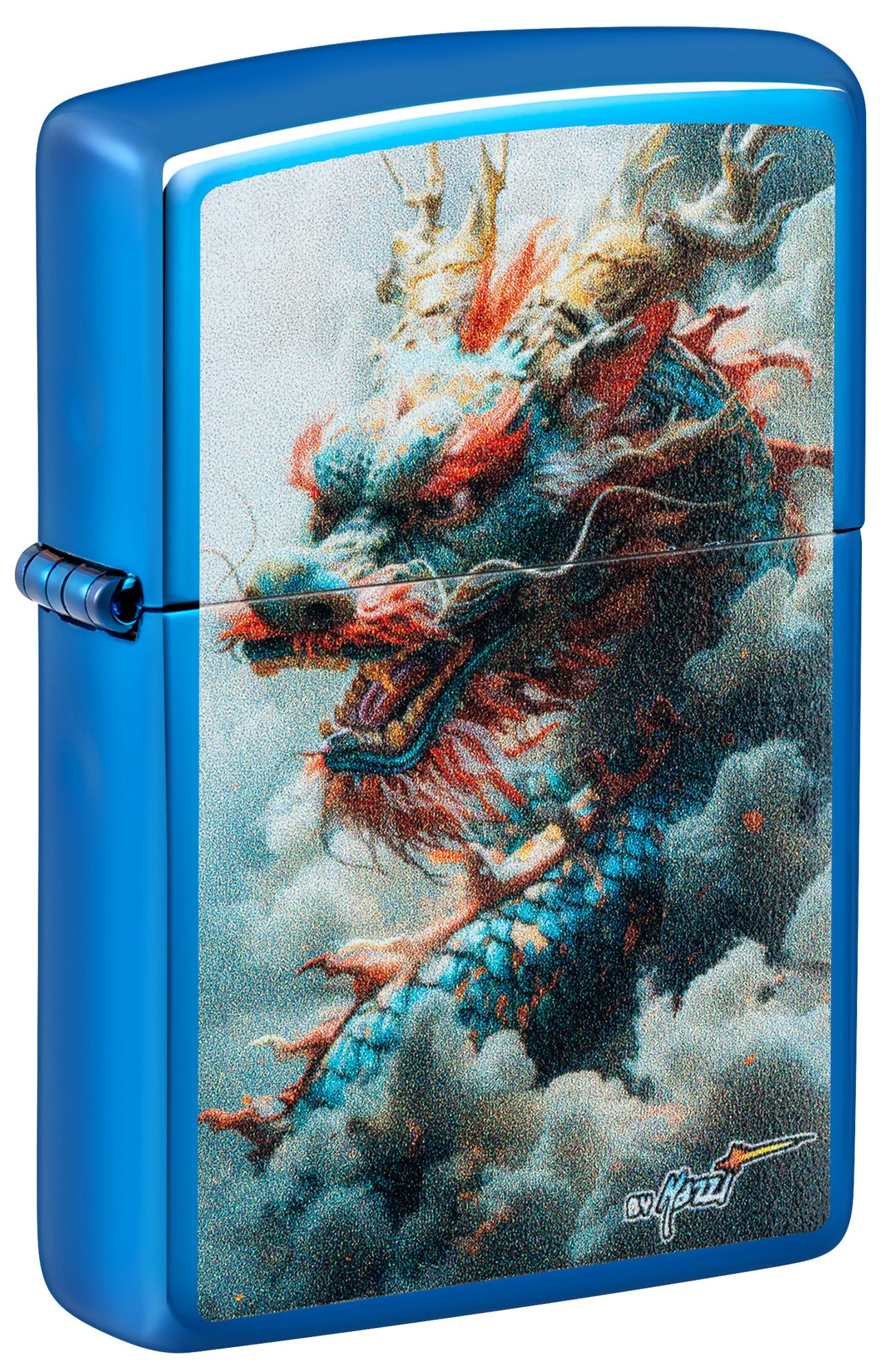 Front shot of Zippo Mazzi® Dragon Design High Polish Blue Windproof Lighter standing at a 3/4 angle.