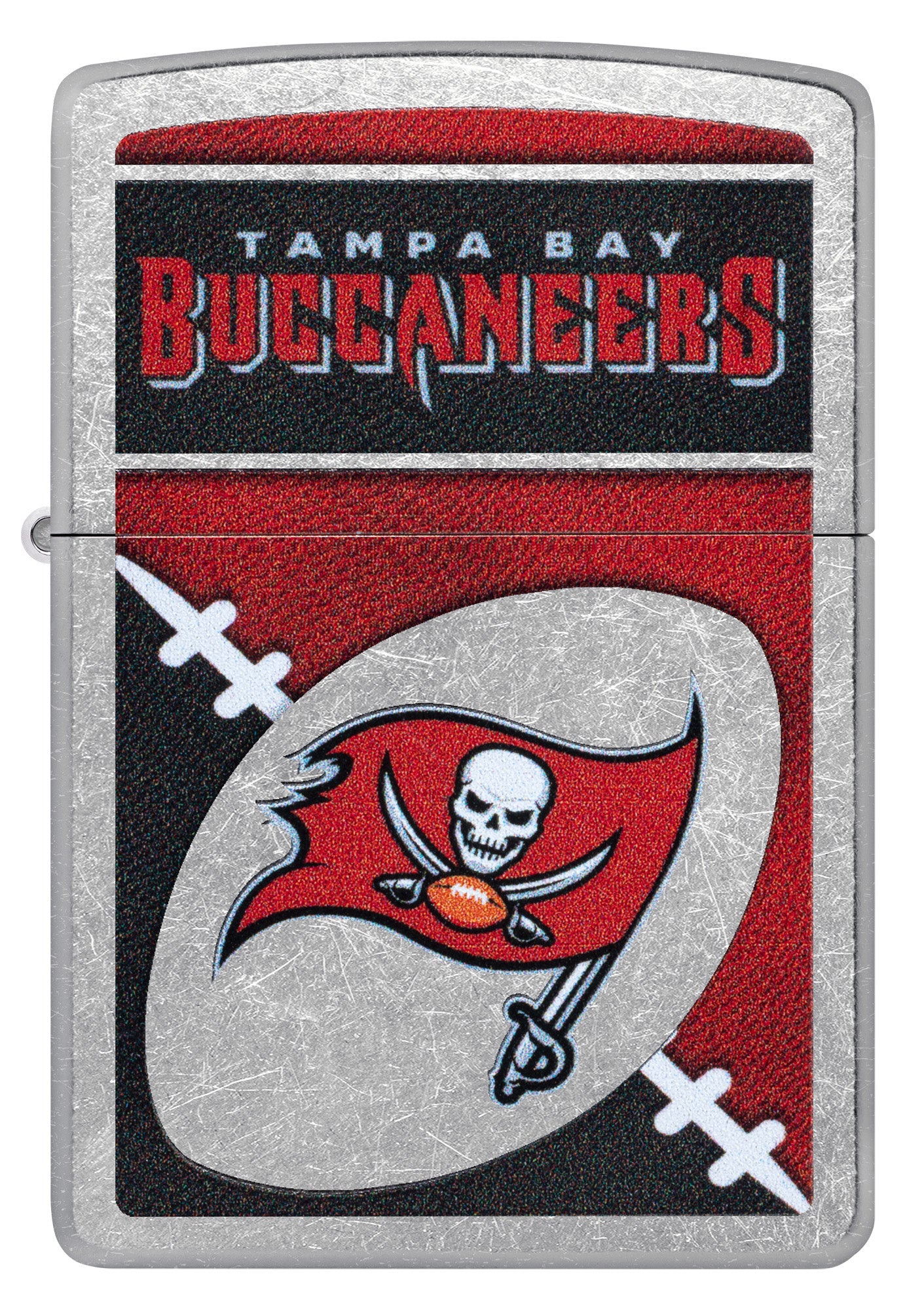 Front view of Zippo NFL Tampa Bay Buccaneers Street Chrome Windproof Lighter.