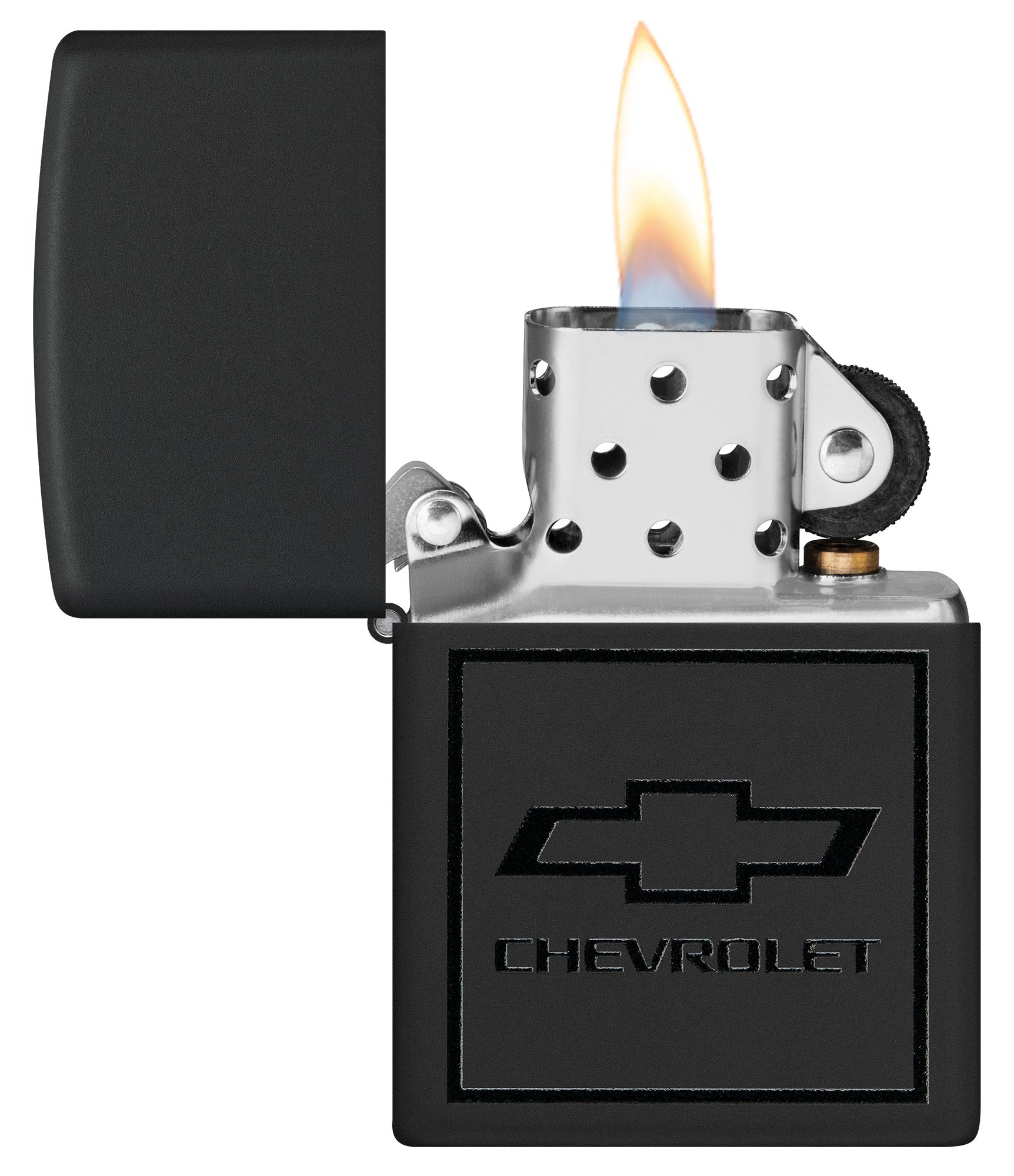 Zippo Chevrolet® Bowtie Design Black Matte Windproof Lighter with its lid open and lit.