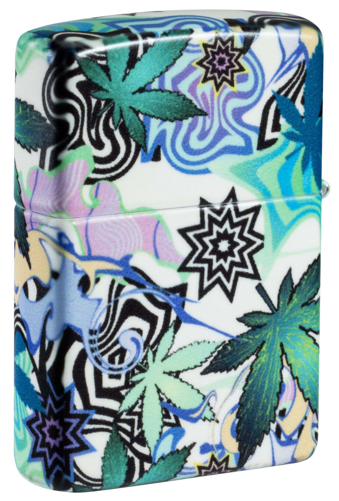 Back shot of Zippo Abstract Cannabis Design Glow in the Dark Windproof Lighter standing at a 3/4 angle.