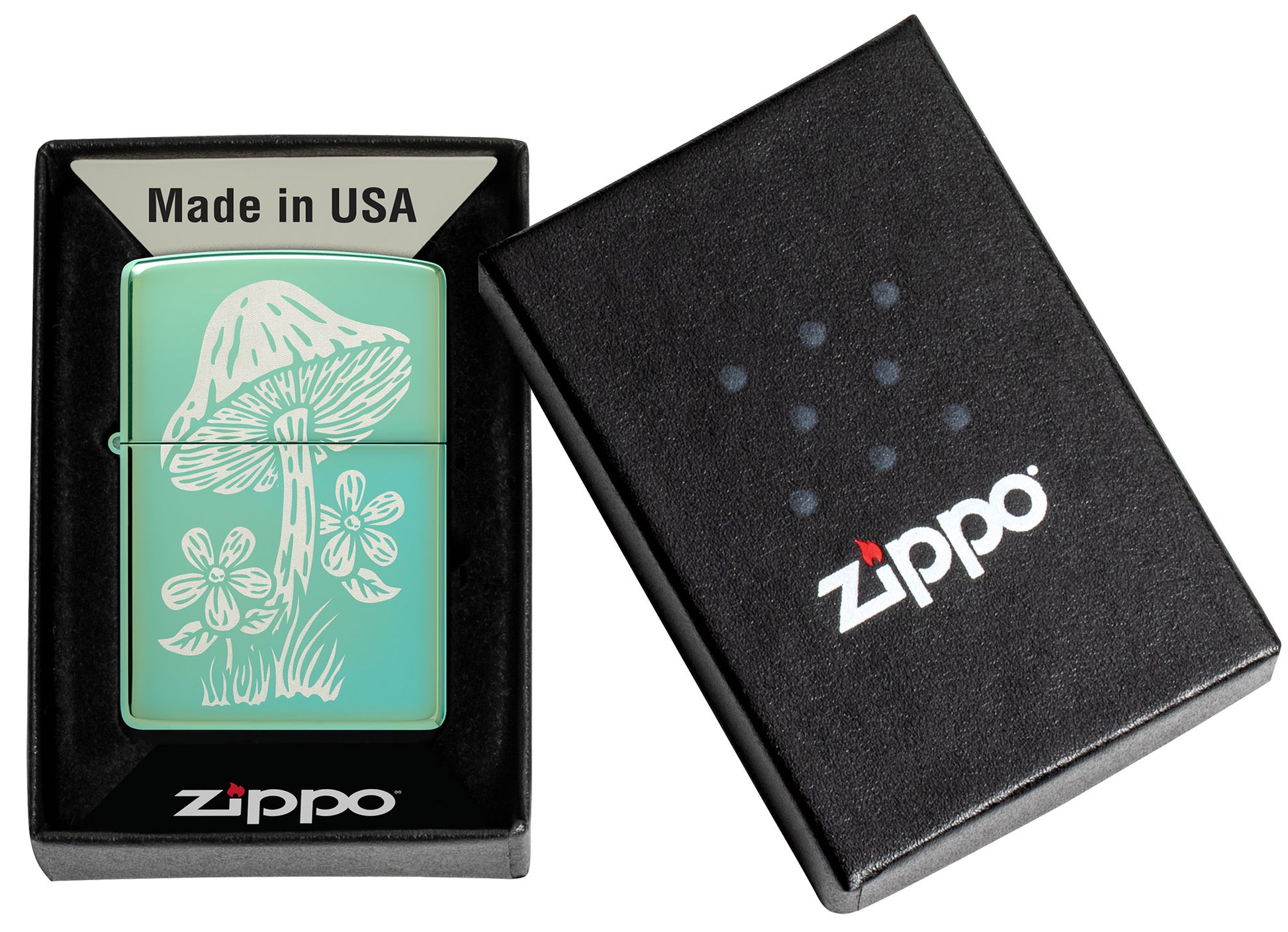 Zippo Mushroom Design High Polish Green Windproof Lighter in its packaging.