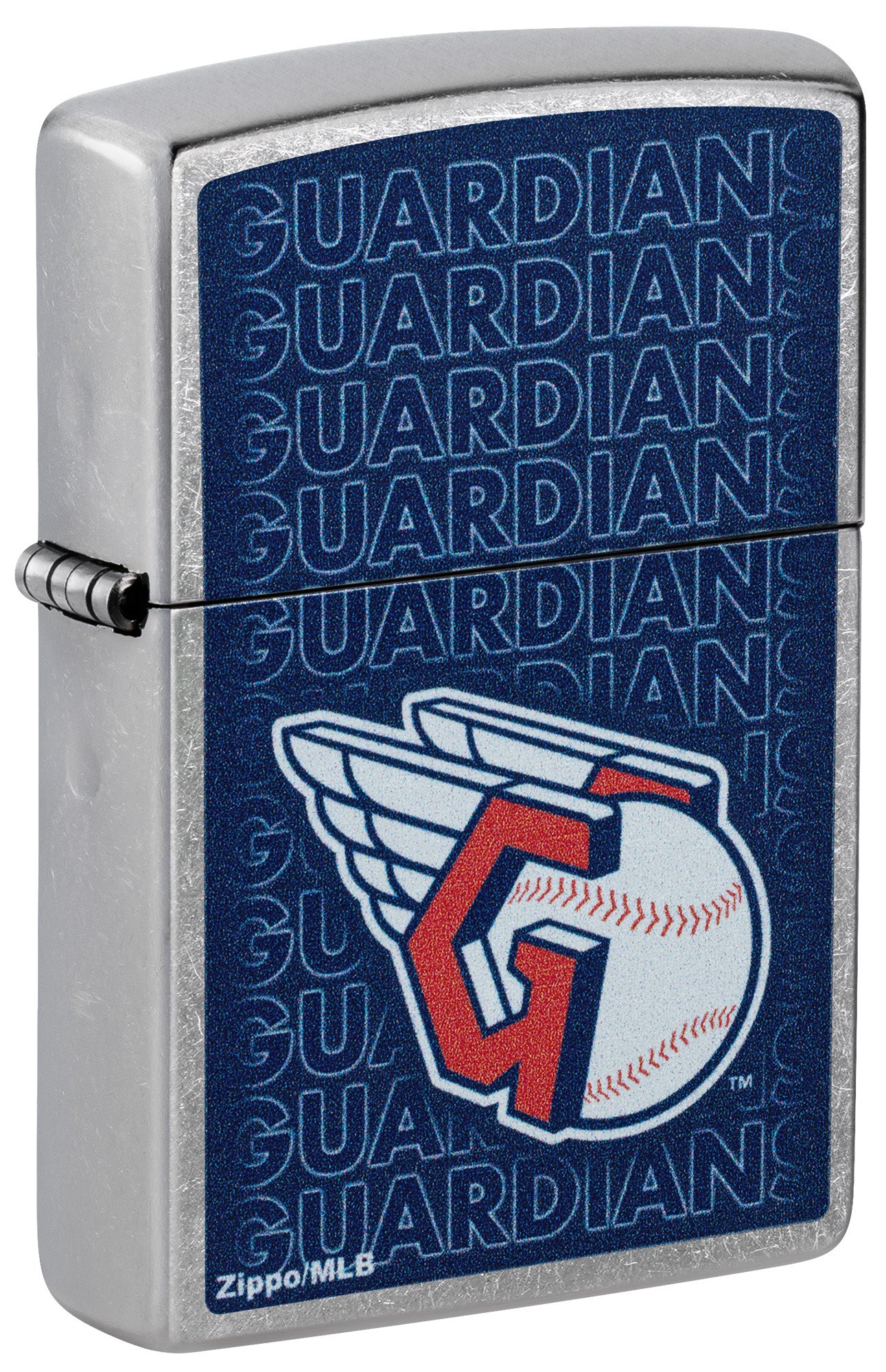 Front shot of Zippo MLB® Cleveland Guardians Street Chrome Windproof Lighter standing at a 3/4 angle.