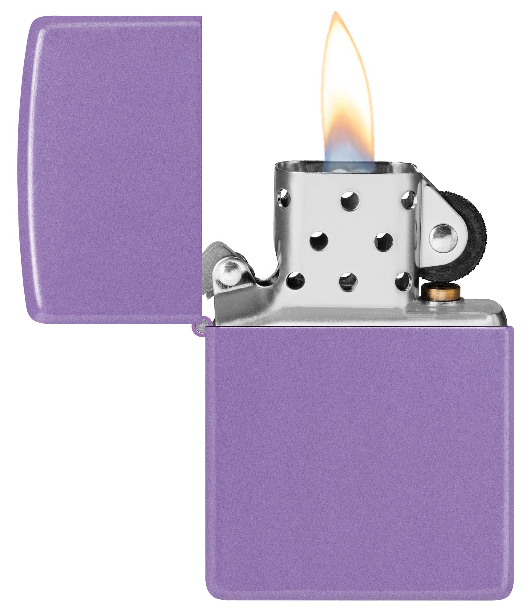 Zippo Classic Smoky Lavender Windproof Lighter with its lid open and lit.