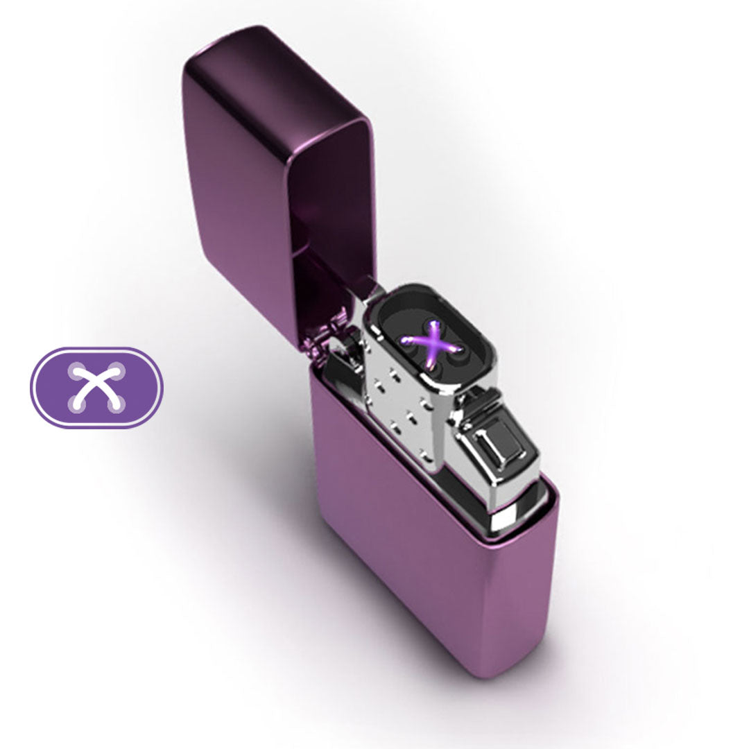 Arc Lighter Insert showing the top arc on and button inserted into a High Polish Purple Case (not included)