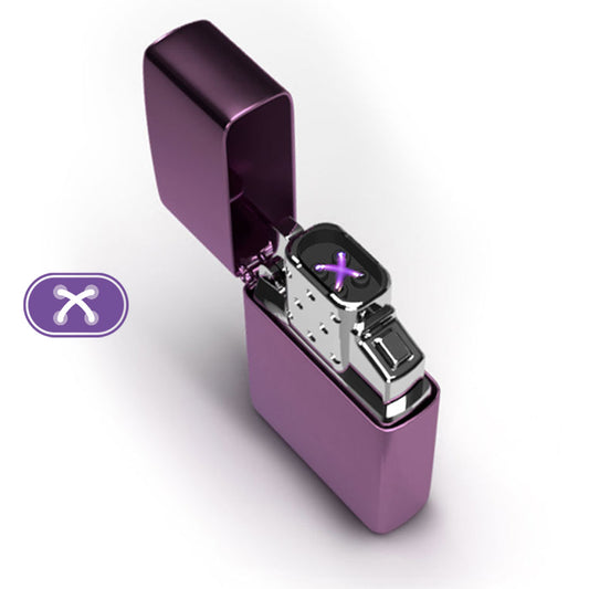 Arc Lighter Insert showing the top arc on and button inserted into a High Polish Purple Case (not included)