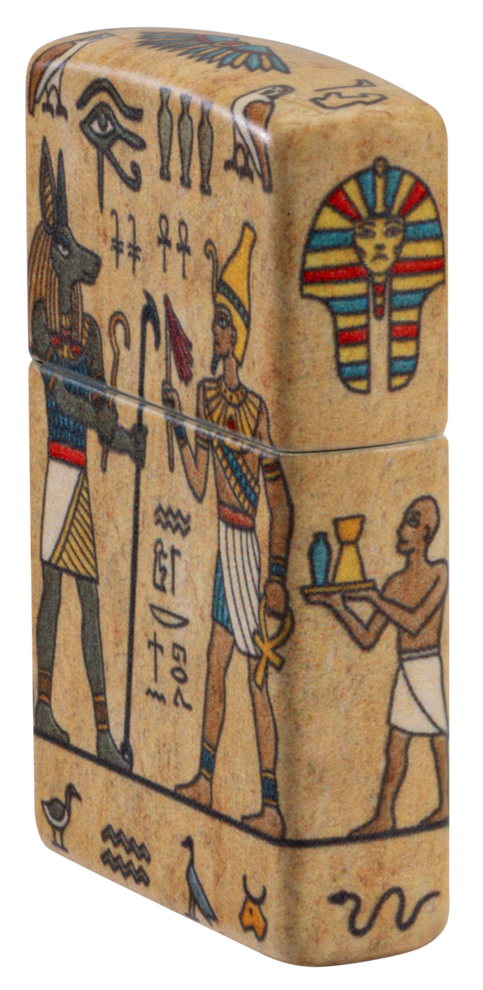 Angled shot of Zippo Ancient Glyphs Design White 540 Matte Windproof Lighter showing the front and the non-hinge side of the lighter.



