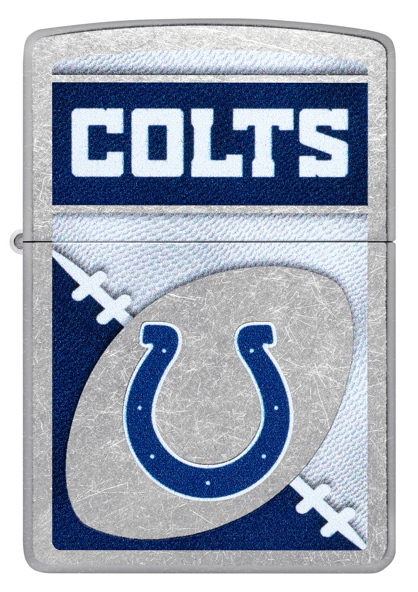 Front view of Zippo NFL Indianapolis Colts Street Chrome Windproof Lighter.