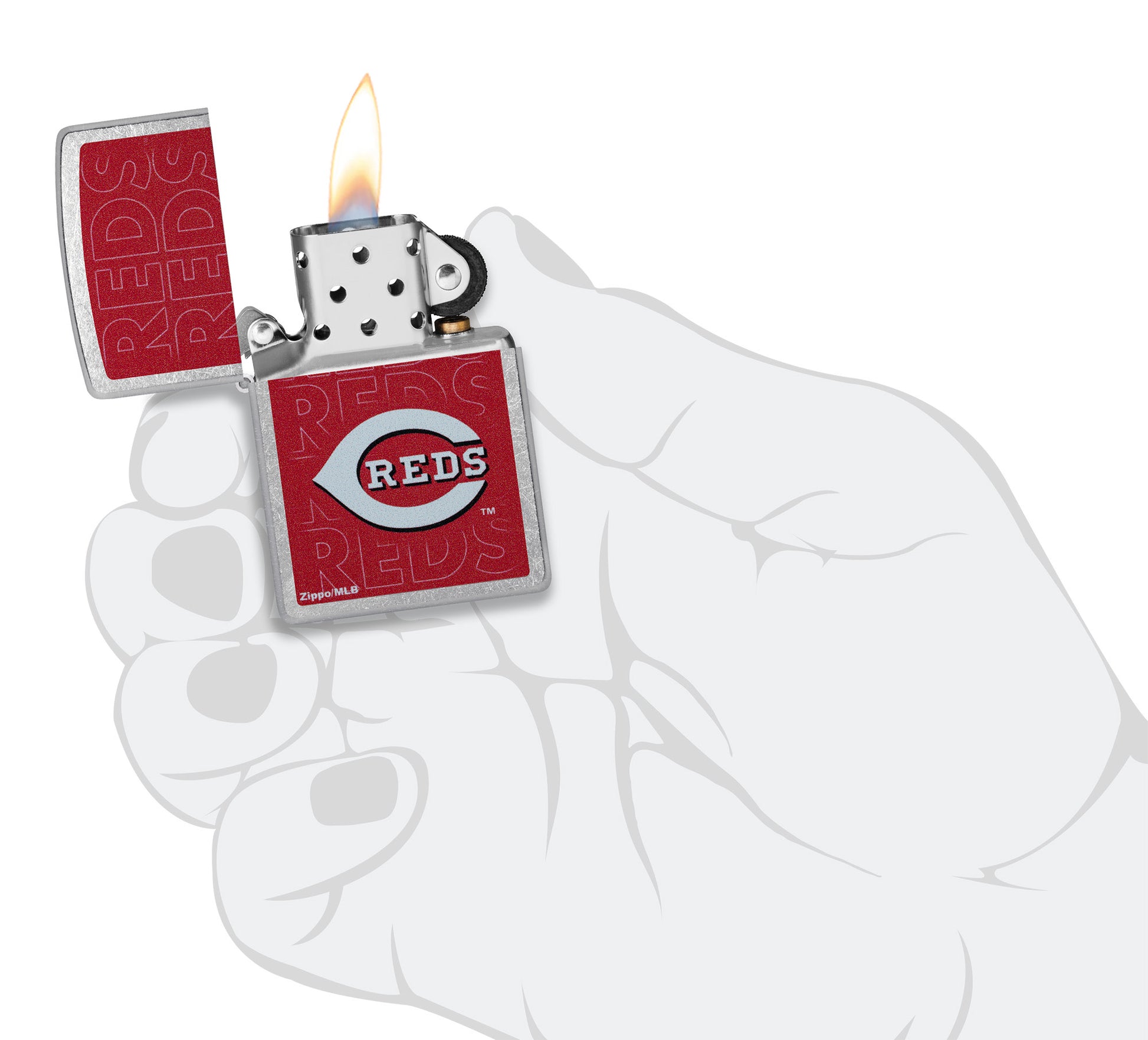 Zippo MLB® Cincinnati Reds Street Chrome Windproof Lighter lit in hand.