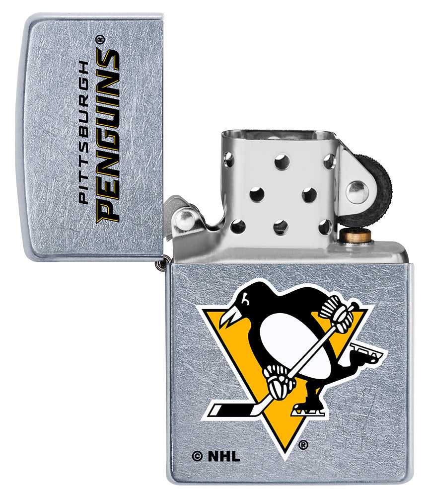 NHL Pittsburgh Penguins Street Chrome™ Windproof Lighter with its lid open and unlit