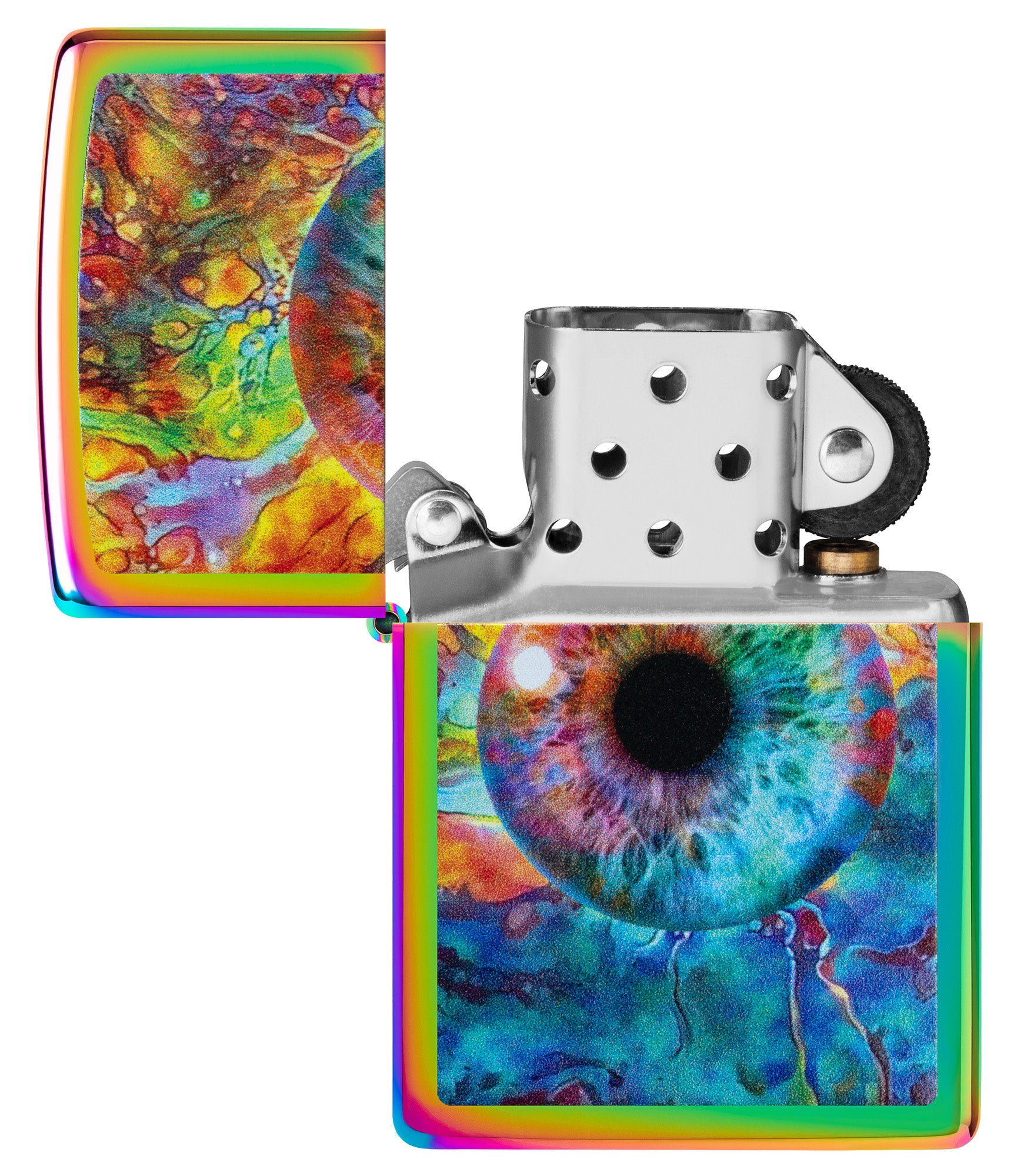 Zippo Spacey Eye Design Multi Color Windproof Lighter with its lid open and unlit.