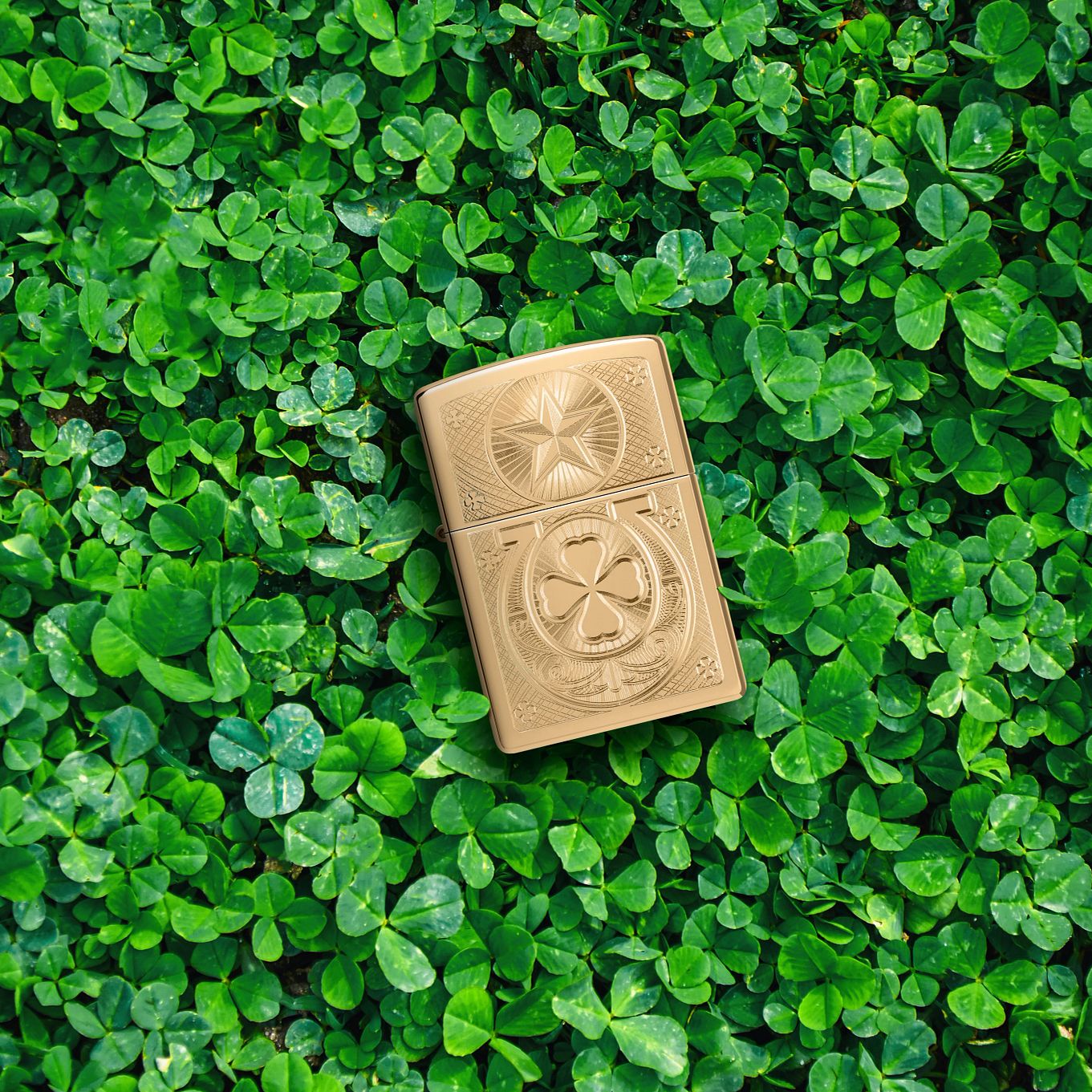 Lifestyle image of Zippo Lucky Horseshoe Design High Polish Brass Windproof Lighter lying in a bed of clover.
