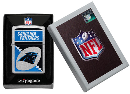 Zippo NFL Carolina Panthers Street Chrome Windproof Lighter in its packaging.