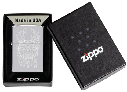 Zippo Dreamcatcher Design High Polish Chrome Windproof Lighter in its packaging.