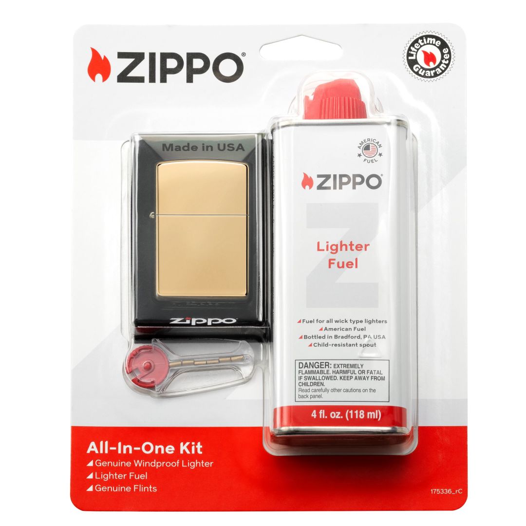 Zippo All-In-One Gift Set with Classic High Polish Brass Windproof Lighter in its packaging

