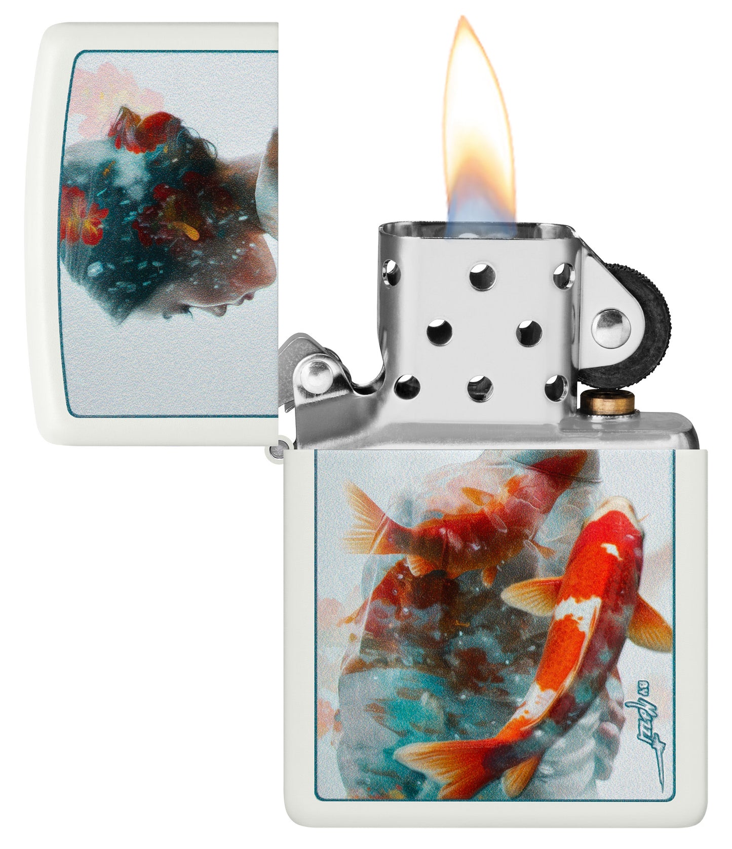 Zippo Mazzi Texture Print White Matte Windproof Lighter with its lid open and lit.