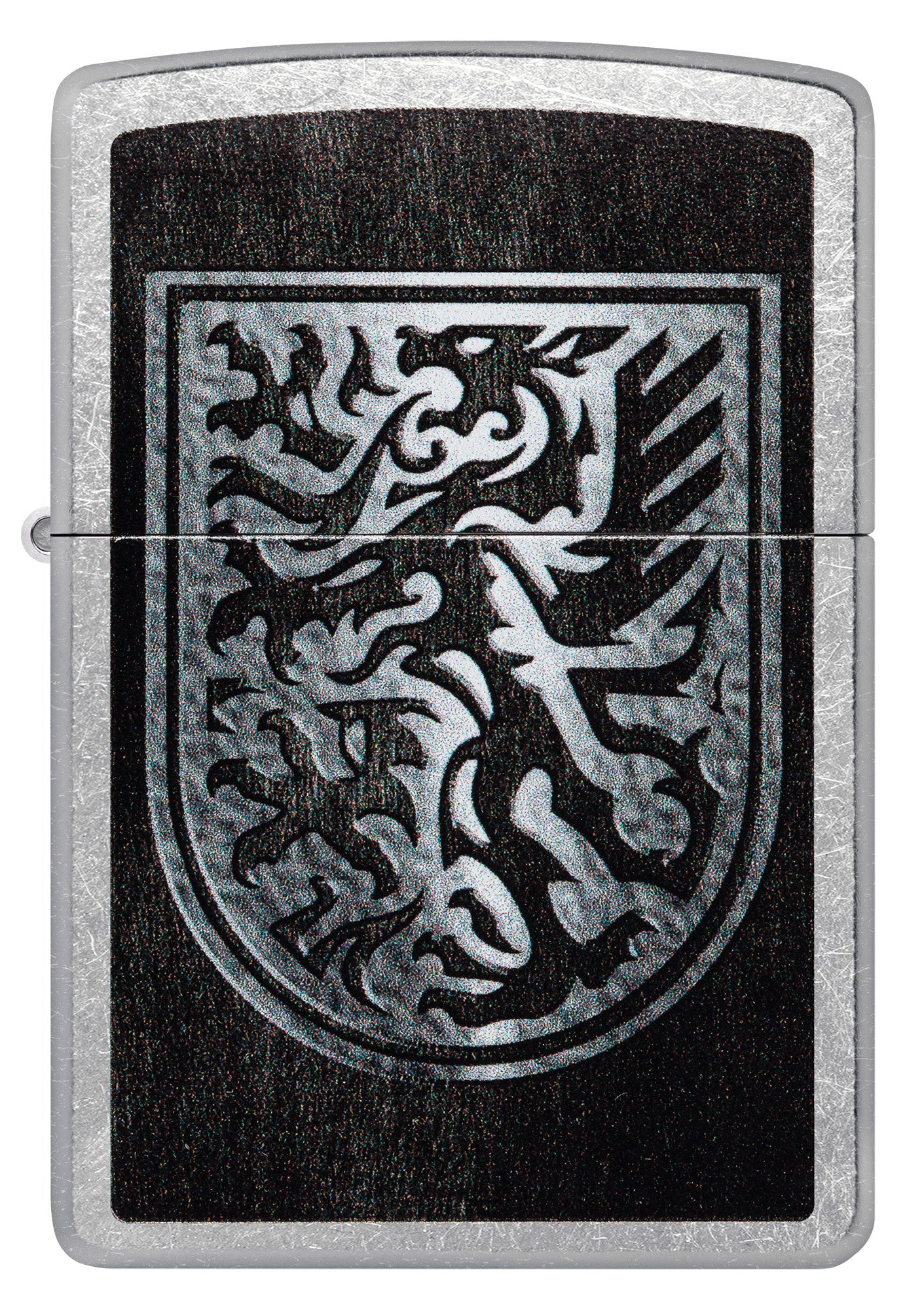 Front shot of Zippo Dragon Shield Design Street Chrome Windproof Lighter.