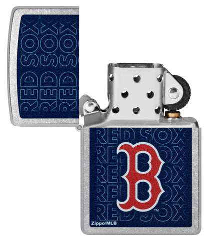 Zippo MLB® Boston Red Sox Street Chrome Windproof Lighter with its lid open and unlit.