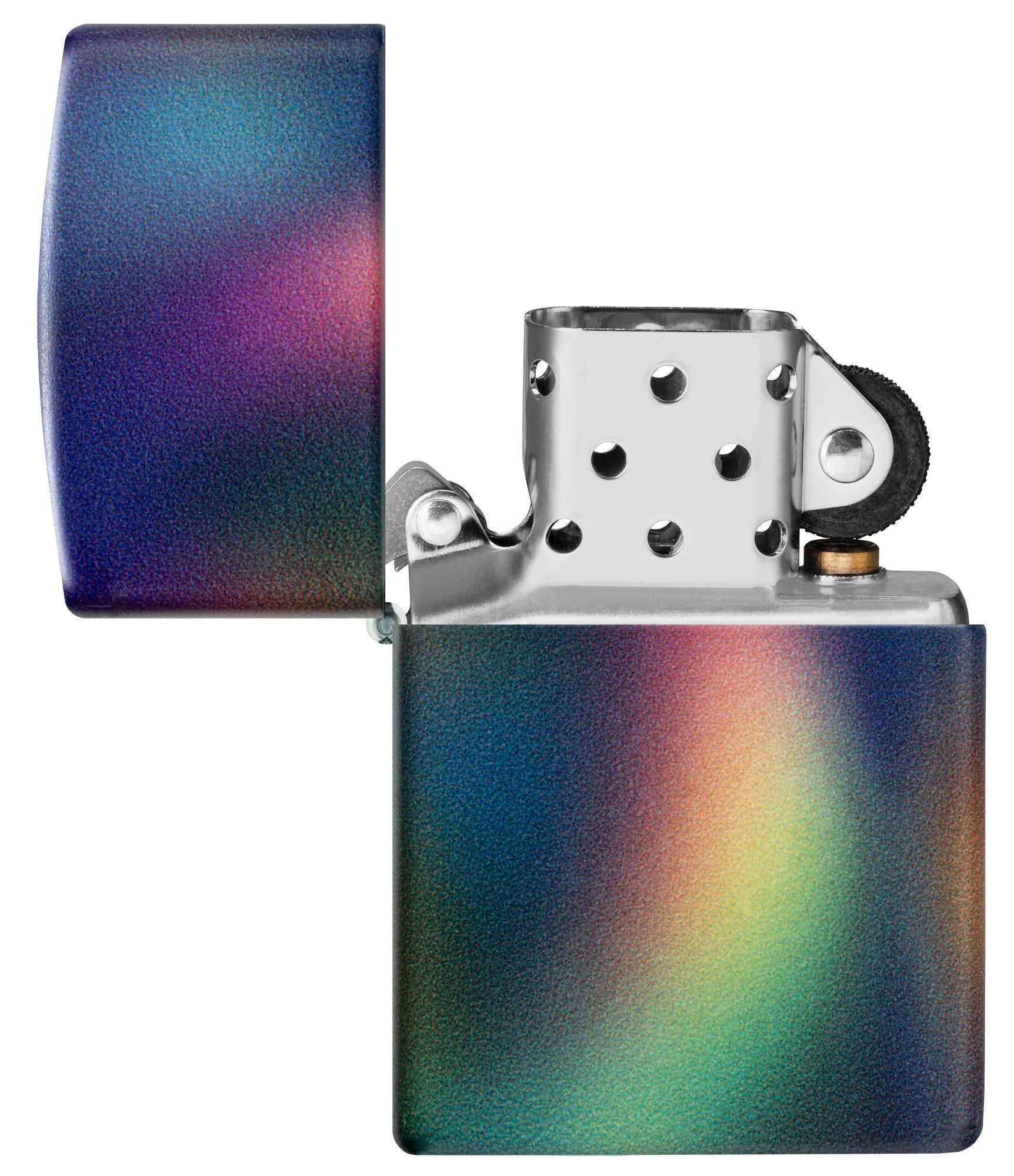 Zippo Prismatic Design 540 Matte Windproof Lighter with its lid open and unlit.