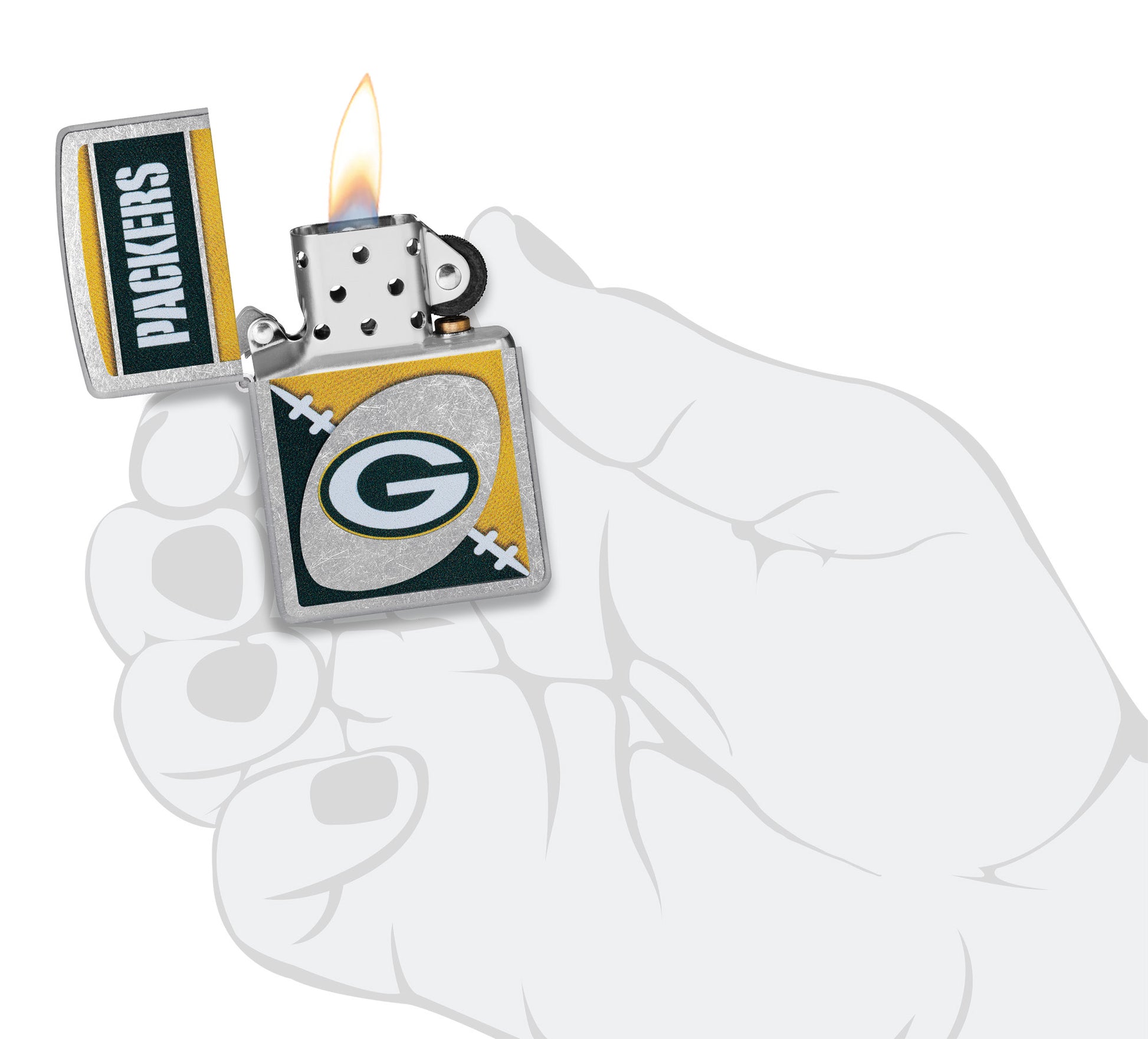 Zippo NFL Green Bay Packers Street Chrome Windproof Lighter lit in hand.