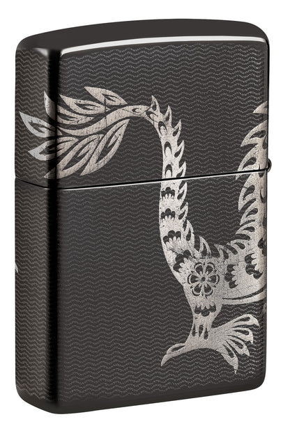 Back shot of Zippo Lucky Dragon Design High Polish Black Windproof Lighter standing at a 3/4 angle.