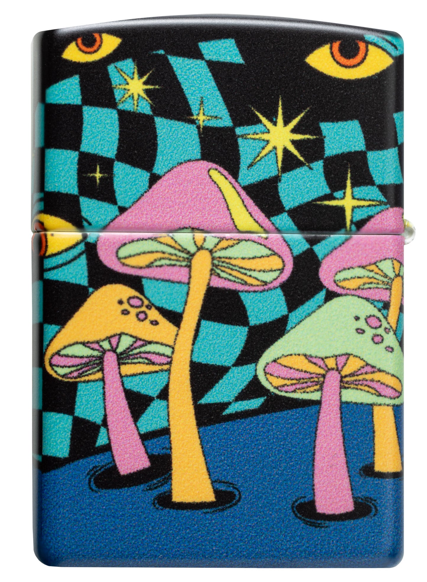 Back shot of Zippo Mushroom Party Design Glow in the Dark Windproof Lighter.