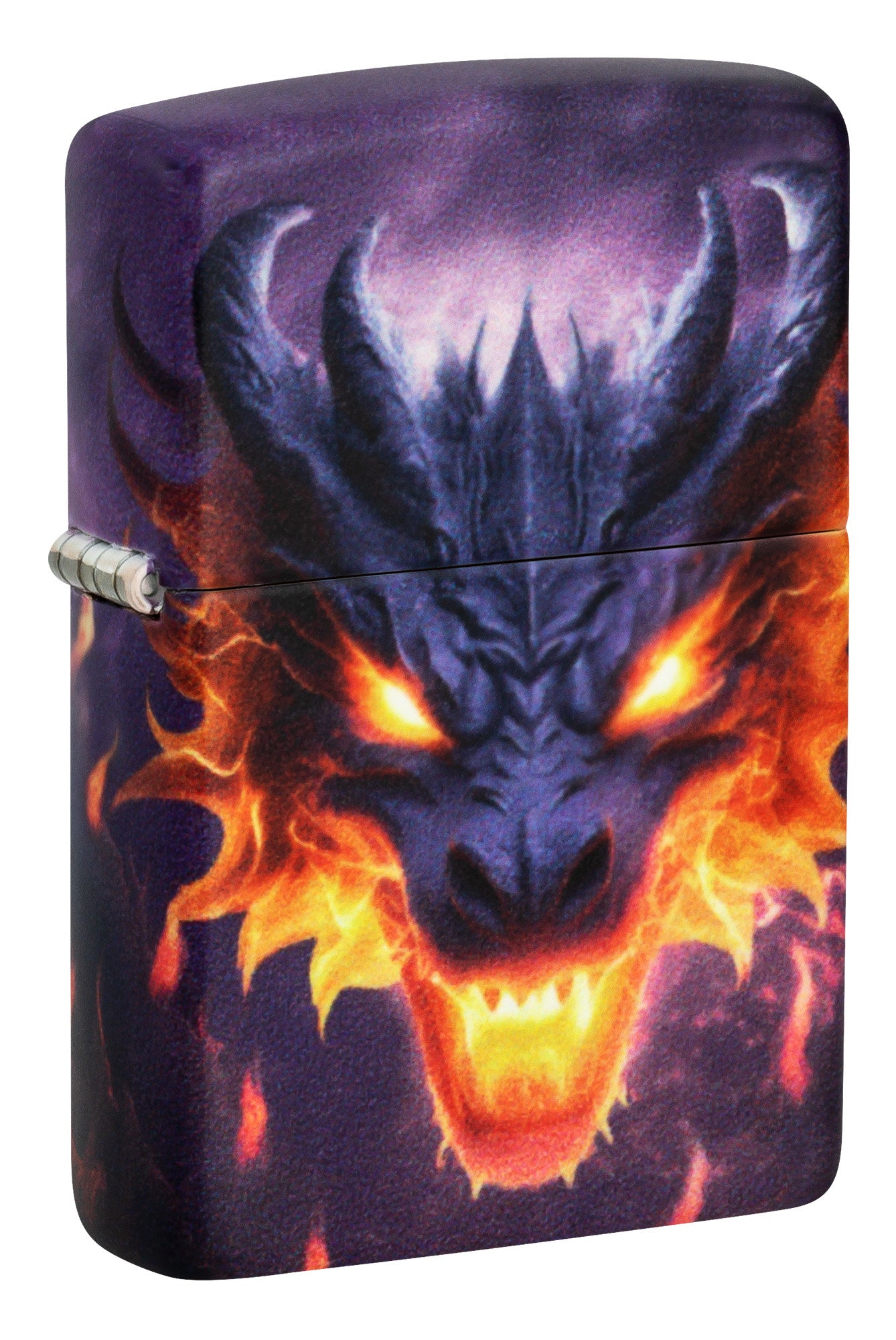 Front shot of Zippo Glowing Dragon Design 540 Color Glow in the Dark Windproof Lighter standing at a 3/4 angle.