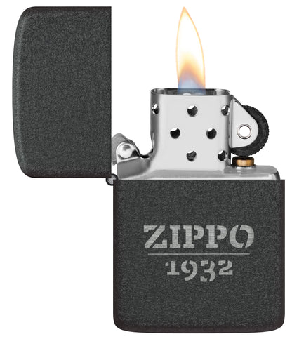 Zippo Design 1941 Replica Black Crackle® Windproof Lighter with its lid open and lit.