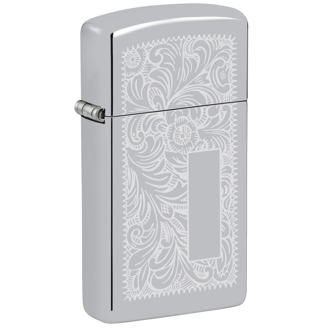 Front shot of Slim® High Polish Chrome Venetian® Windproof Lighter standing at a 3/4 angle.