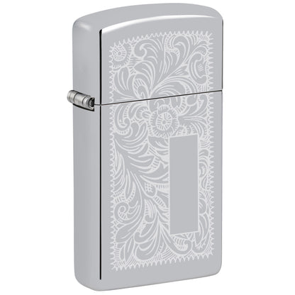 Front shot of Slim® High Polish Chrome Venetian® Windproof Lighter standing at a 3/4 angle.