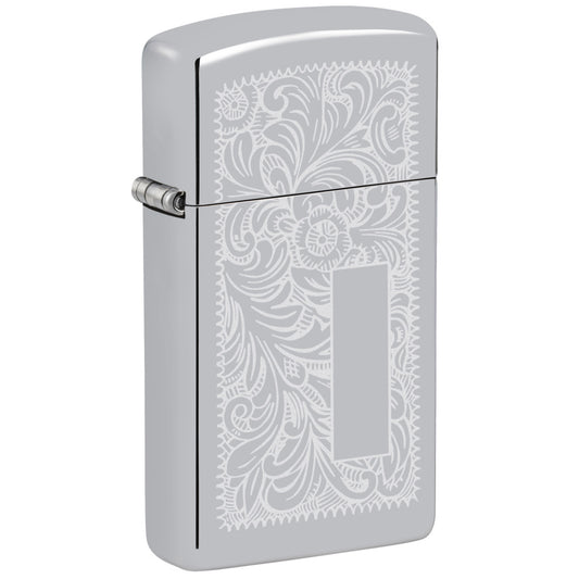 Front shot of Slim® High Polish Chrome Venetian® Windproof Lighter standing at a 3/4 angle.