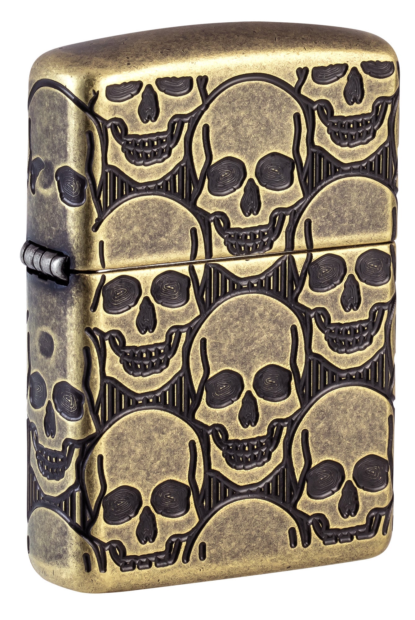 Front shot of Zippo Cackling Cranium Design Armor® Antique Brass Windproof Lighter standing at a 3/4 angle.