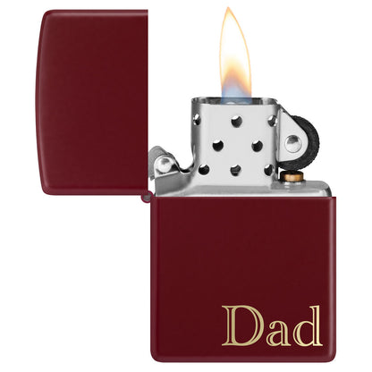 Zippo Dad Design SMS Windproof Pocket Lighter with its lid open and lit.