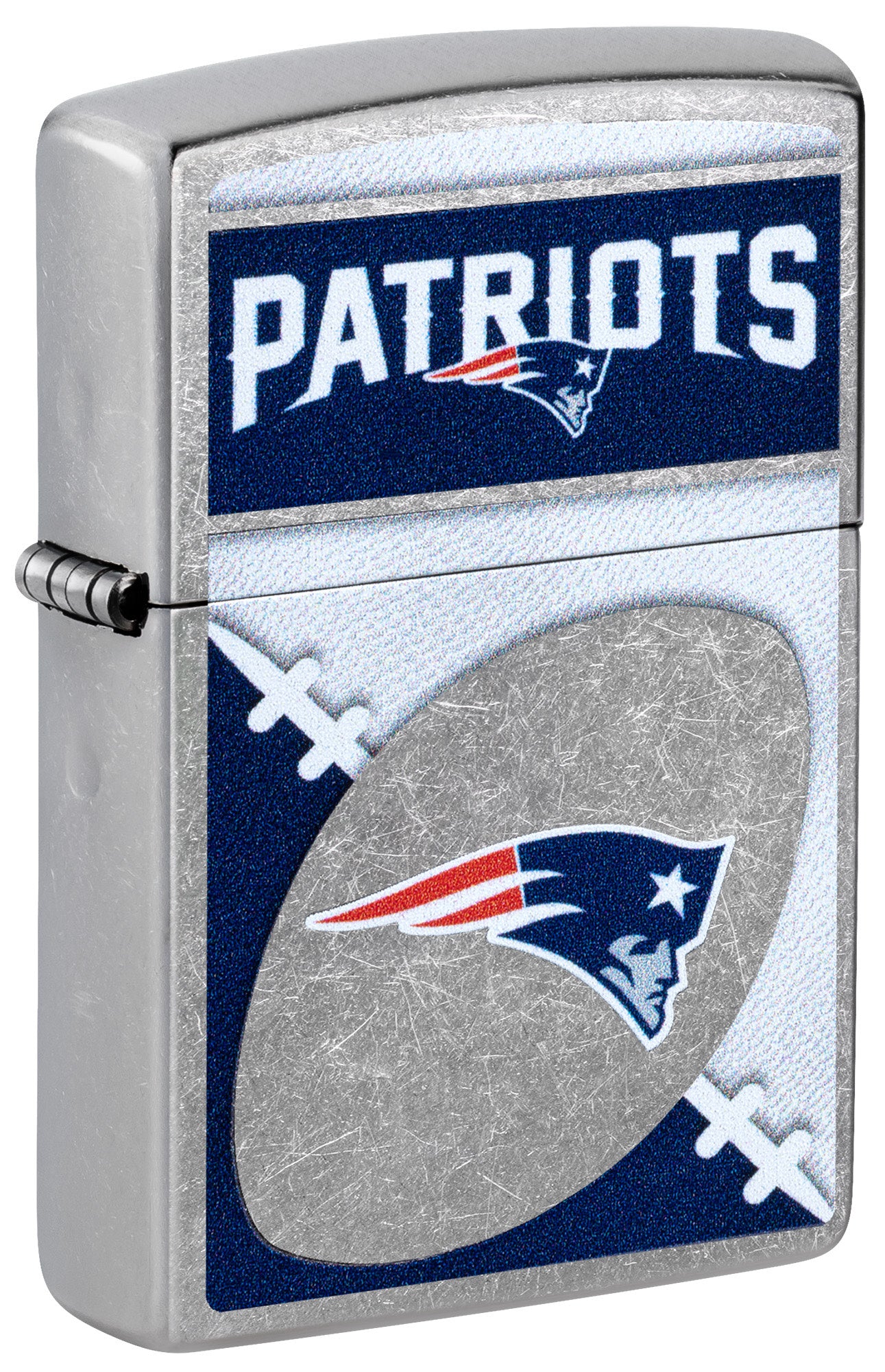 Front shot of Zippo NFL New England Patriots Street Chrome Windproof Lighter standing at a 3/4 angle.